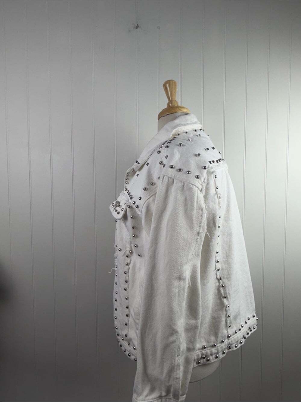 White Studded Denim Jacket | Western Glam Distressed Jacket | M/L - Picture 5 of 7